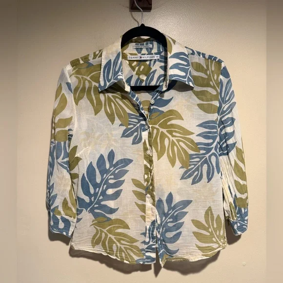 Vintage Tommy Hilfiger Leaf Bloude 100% lightweight gauze cotton size 14 - Picture 1 of 10